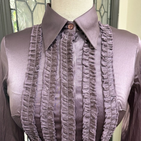 Ashely Purple Silky Ruffle Placket & Cuff Trim Button Front Stretch Blouse - Picture 3 of 8
